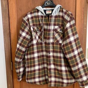 Wrangler Hooded Plaid Shirt in Brown and Cream